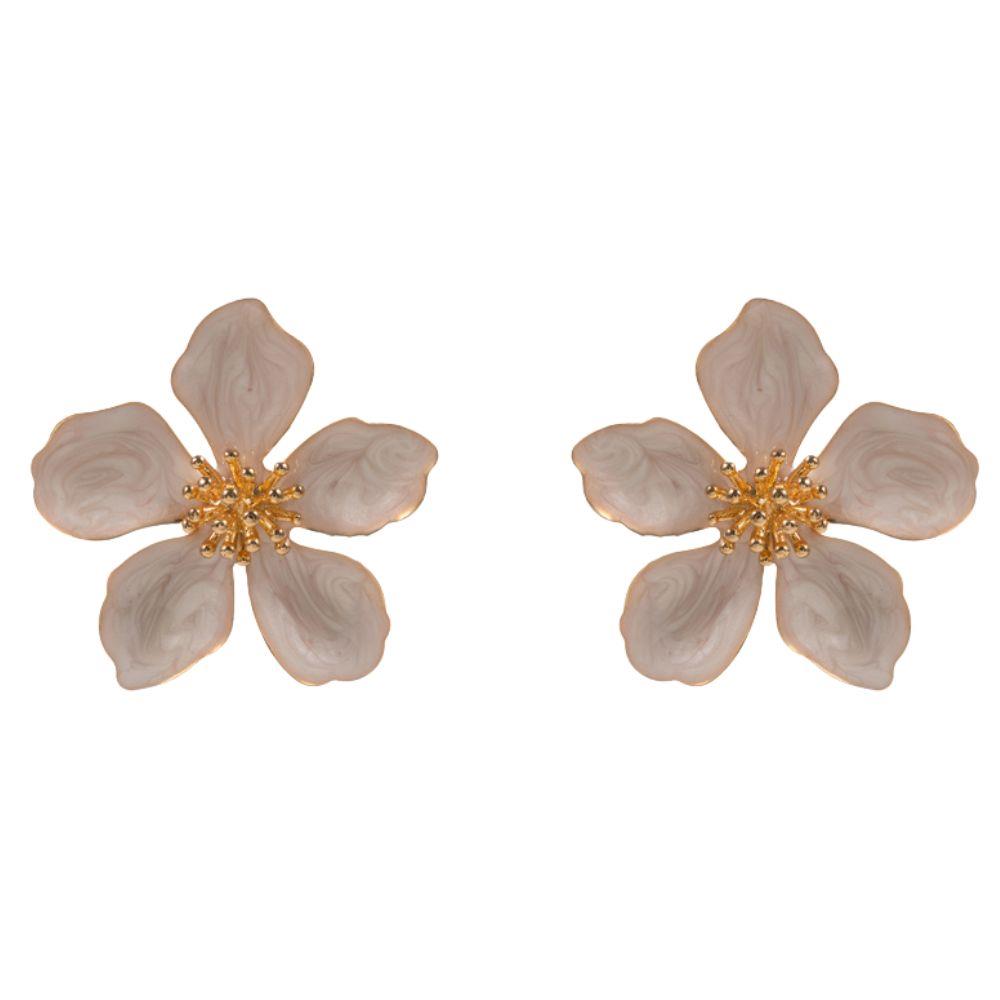 Picture of a set of stud earrings in the shape of white flowers with gold centers.
