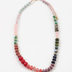 Picture of large resin beaded necklace with beads in colors of shiny blue, pink and green and matte maroon, purple, dark blue and dark green.