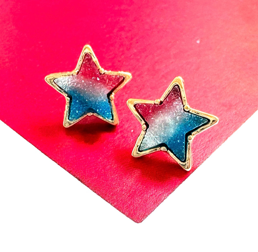 Pair of star studs with red, white and blue druzy stone interiors.