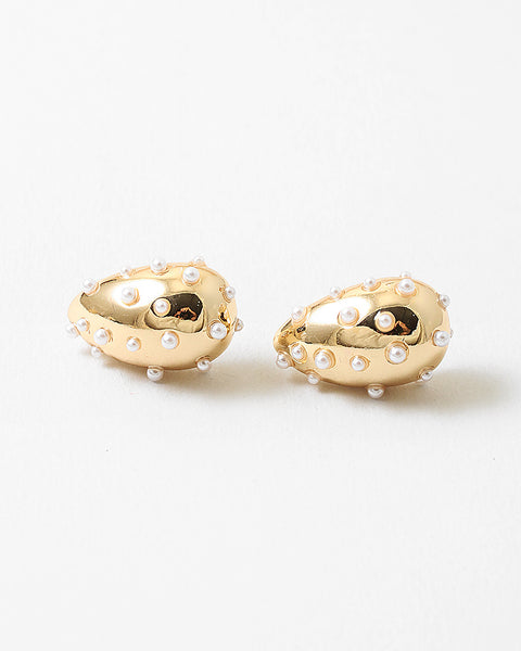 Picture of gold chunky teardrop earrings with small pearls inlaid all over