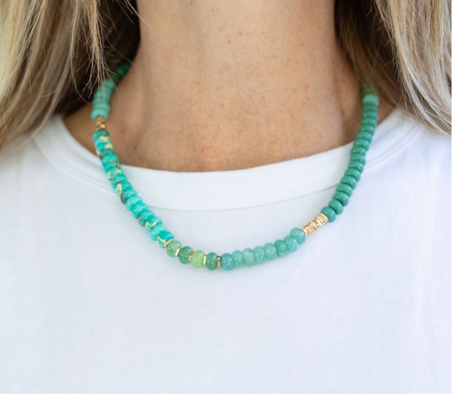 Model wearing a resin bead necklace in green, teal and gold beads.