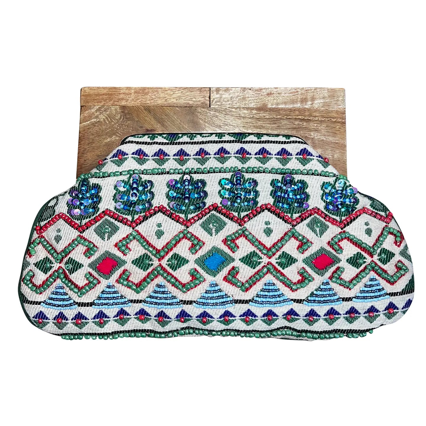 Embroidered clutch bag with geometric pattern and a wooden handle.