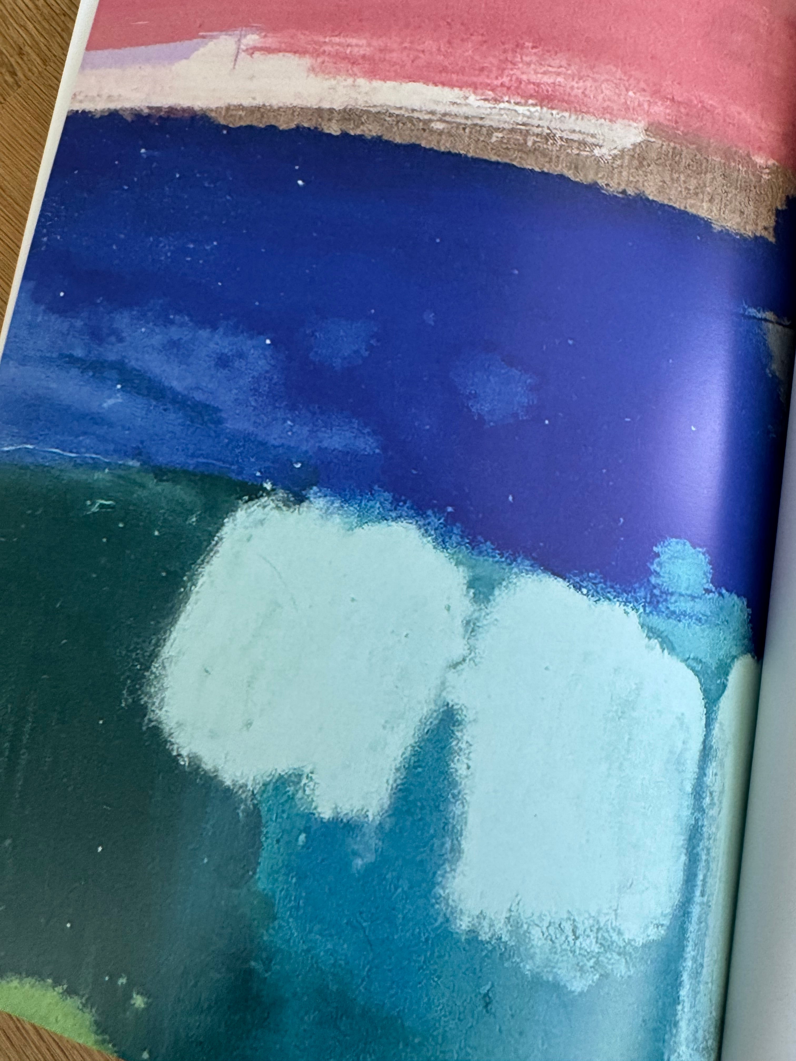 Close-up of a book page featuring a picture of a textured surface with blue, green, and white colors.