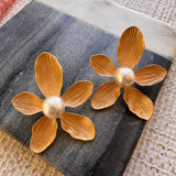 Golden Petal Pearl Oversized Flower Studs