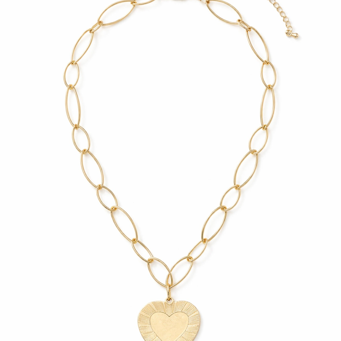 Gold chain necklace with a heart-shaped pendant on a white background