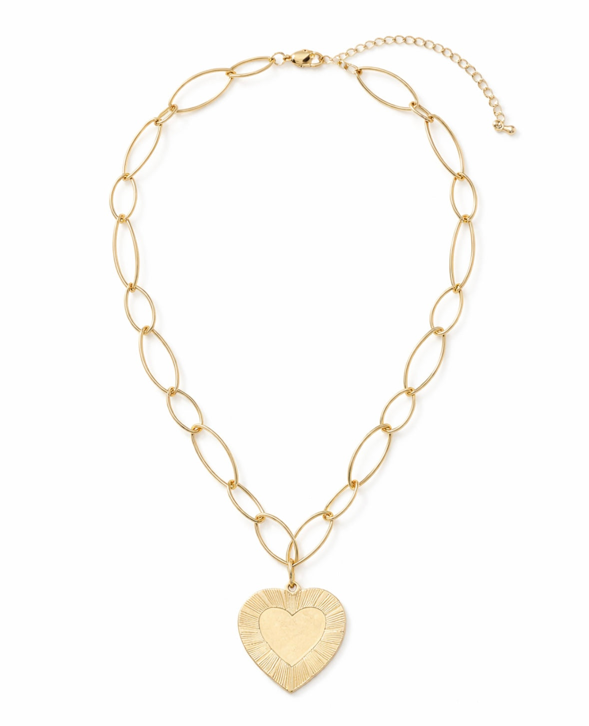 Gold chain necklace with a heart-shaped pendant on a white background