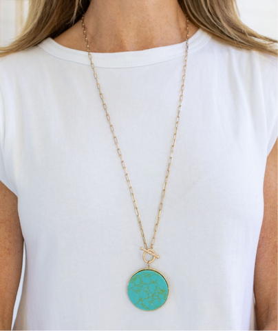 Turquoise Disc and Long Gold Necklace