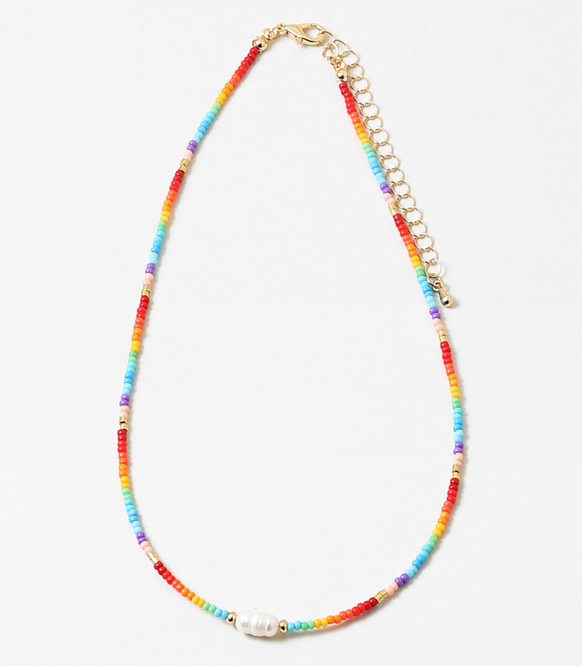 Necklace with colorful rainbow beads and a gold chain on a white background