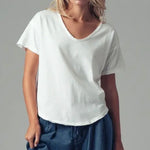 Person wearing a plain white t-shirt and blue pants on a gray background