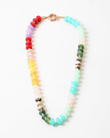 Picture of a bead necklace in red, pink, yellow, green, blues and whites.