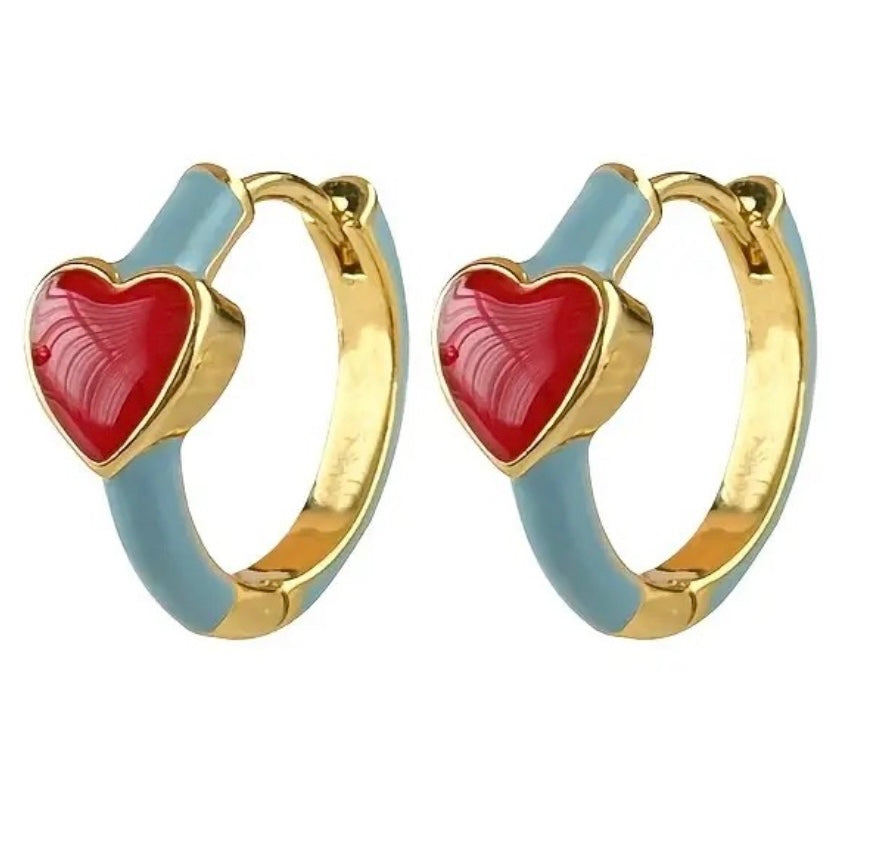 Picture of gold and turquoise hoops with enamel red hearts.