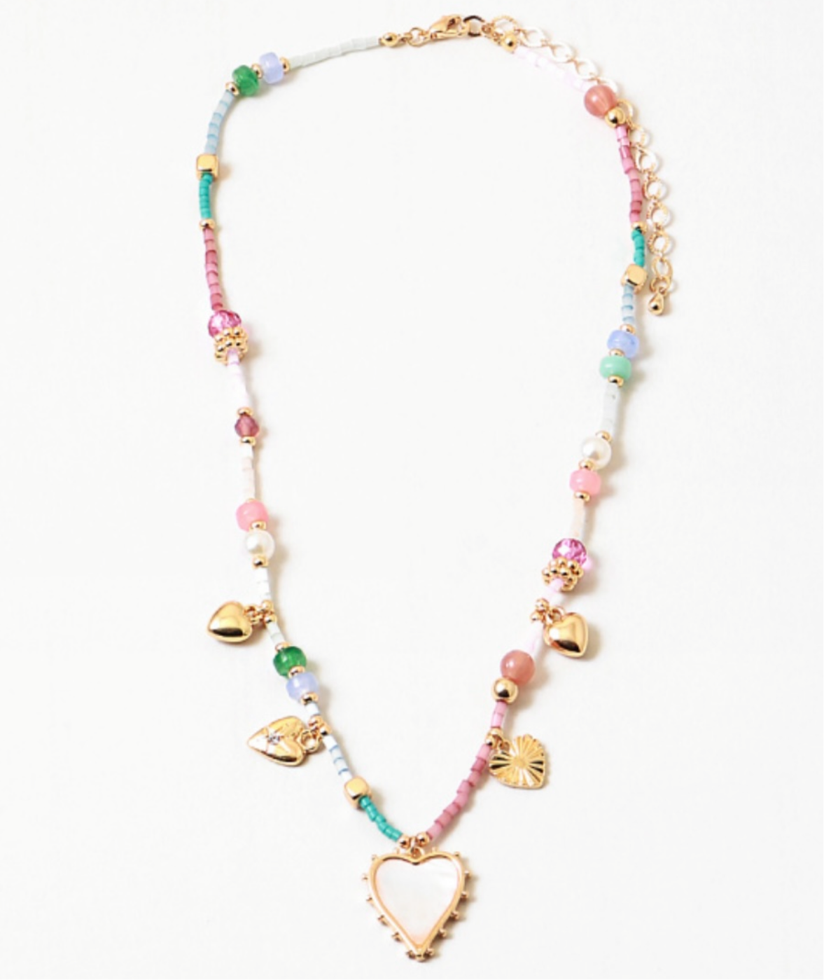 A colorful necklace with a mix of heart-shaped charms and dreamy pink and turquoise colors, displayed against a plain background.