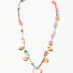 A colorful necklace with a mix of heart-shaped charms and dreamy pink and turquoise colors, displayed against a plain background.