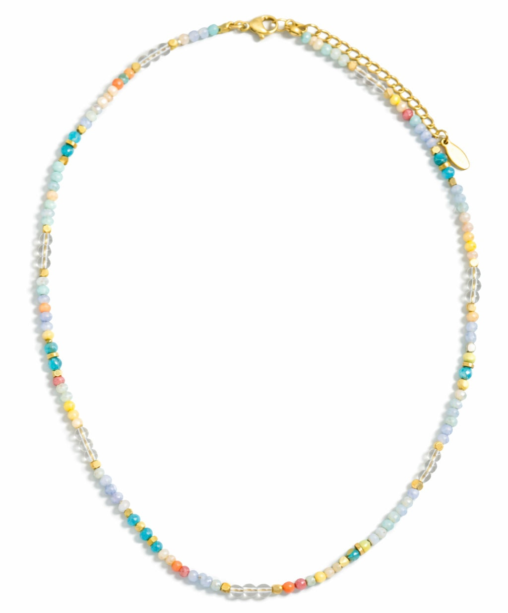 Multicolored beaded necklace in blues, yellows, clears and corals on white background