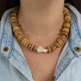 Raw Coconut Wood & Pearl Necklace