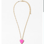 Gold chain link necklace with a pink heart pendant on a white background
