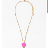 Gold chain link necklace with a pink heart pendant on a white background