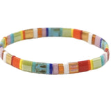 Multicolored rectangle beaded bracelet on a white background