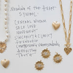 Picture of a fresh water pearl necklace and chain toggle necklace with several different gold heart and disc pendants.  Text reads, "Meaning of the Heart Symbol: Central wisdom, self love, movement, sincerity & clarity, friendship, compassion & understanding, affection, truth."