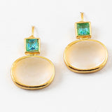 Gold earrings with green gemstones and oval milky stones on a white background