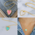 Heart-shaped pendants on gold necklaces with different color options against various backgrounds.