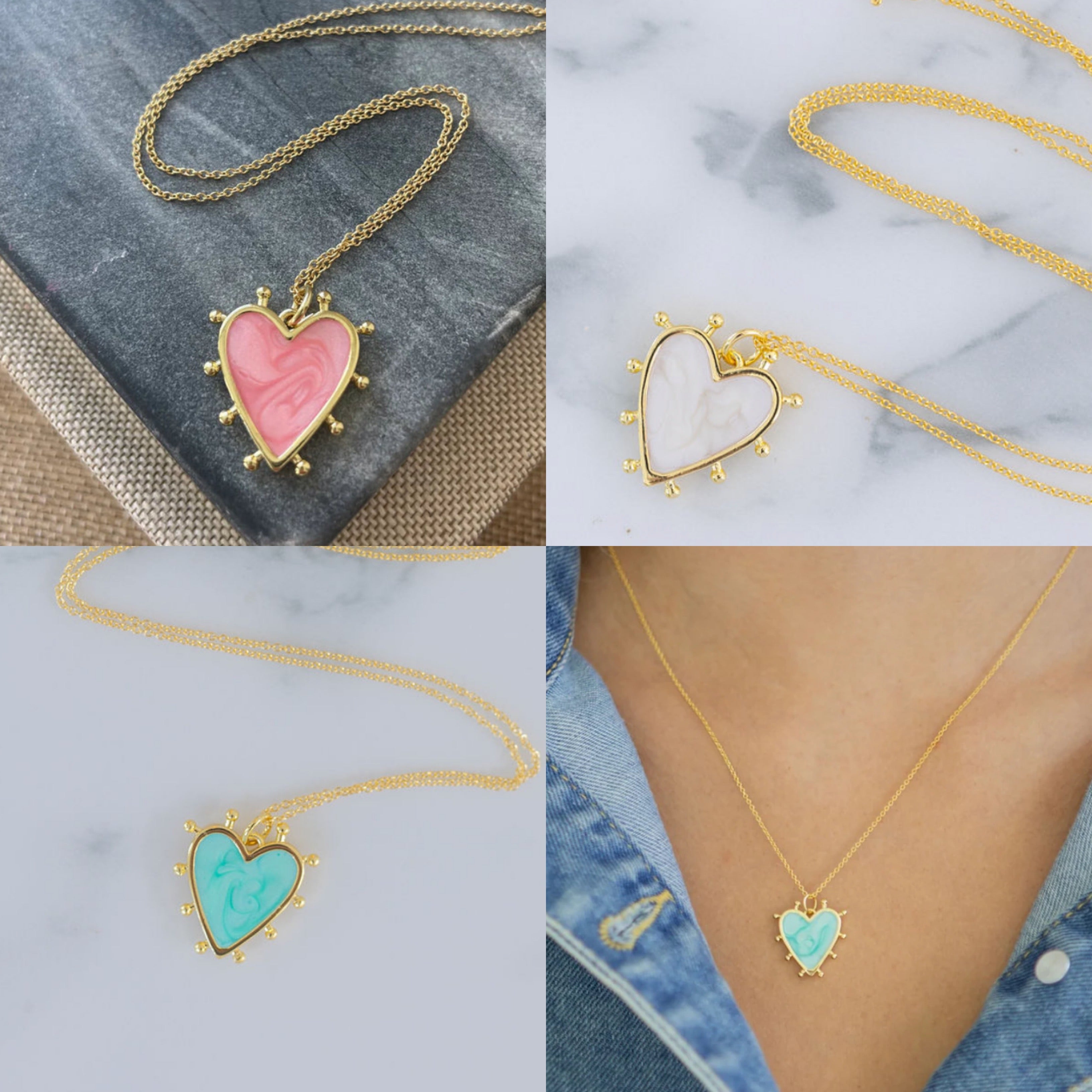 Heart-shaped pendants on gold necklaces with different color options against various backgrounds.