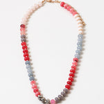 An image of a multicolored beaded short necklace (blue, gray, and red)