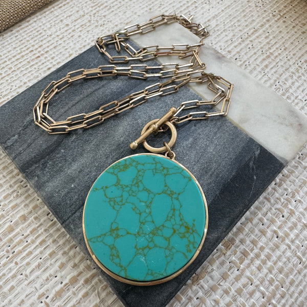 Turquoise Disc and Long Gold Necklace