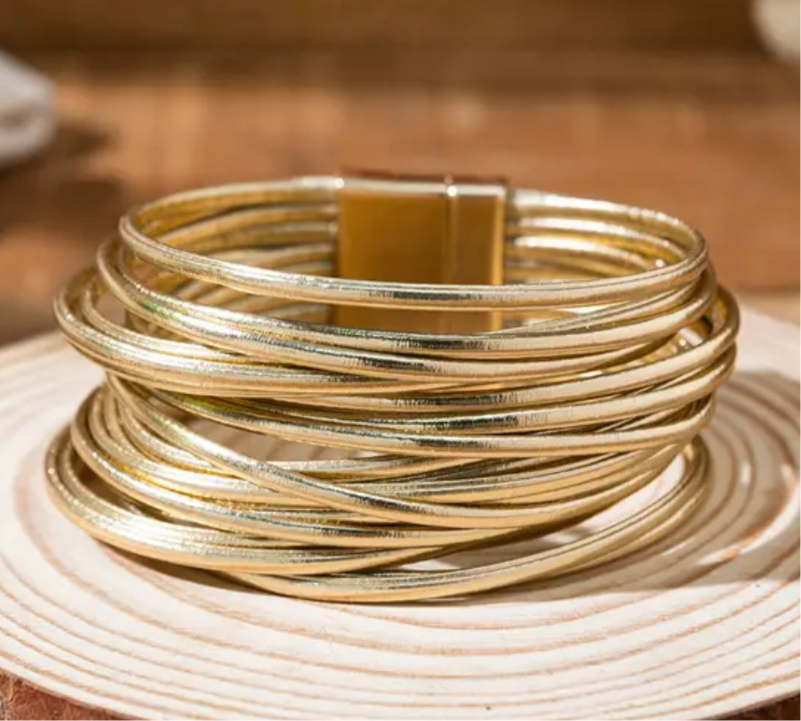 Picture of a gold wrap bracelet made of 20 gold bands.