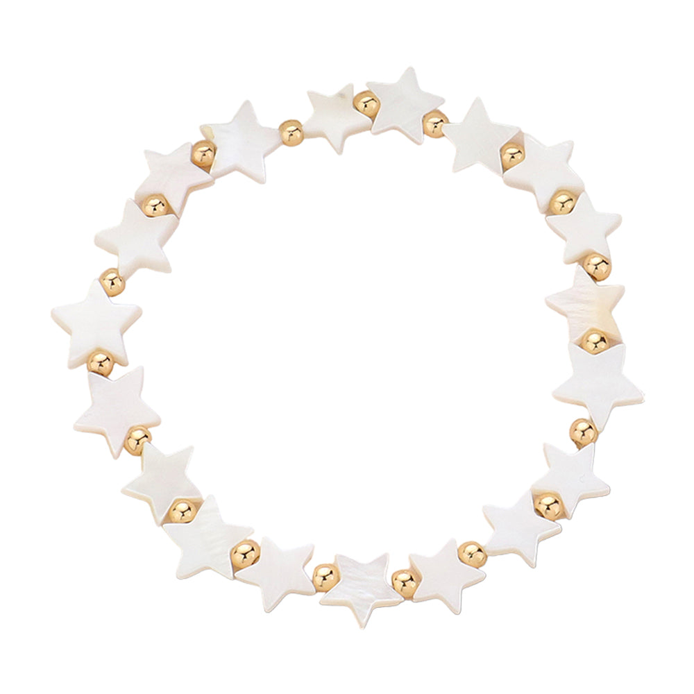 A stretch bracelet composed of gold beads and mother-of-pearl stars.