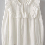 Picture of a white long sleeved dress shirt. Shirt has a ruffle around the collar and the breast and cuff sleeves. Shirt buttons down the front.