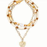 Set of layered necklaces with beaded and chain designs on a white background