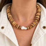 Raw Coconut Wood & Pearl Necklace