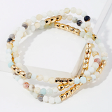 Set of semi precious white, grey and teal bead bracelets with gold accent beads.