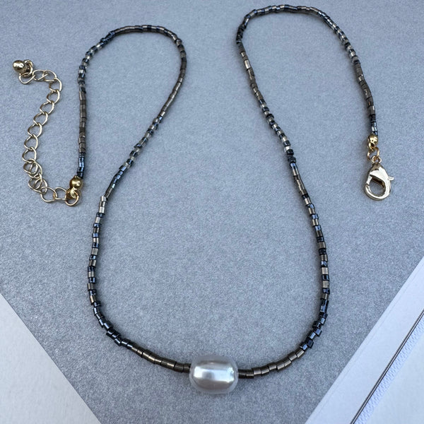 Metallic Seed Bead and Freshwater Pearl Necklace