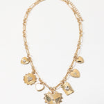 Gold chain necklace with seven gold lucky charms link attached and a gold heart medallion