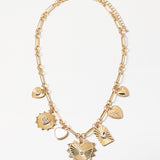 Gold chain necklace with seven gold lucky charms link attached and a gold heart medallion