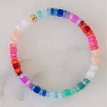 Picture of a multicolored bead bracelet in blues, purples, reds, pinks,whites and greens.