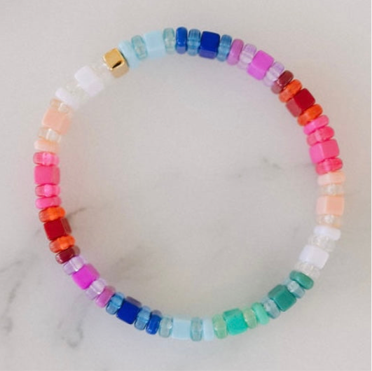 Picture of a multicolored bead bracelet in blues, purples, reds, pinks,whites and greens.