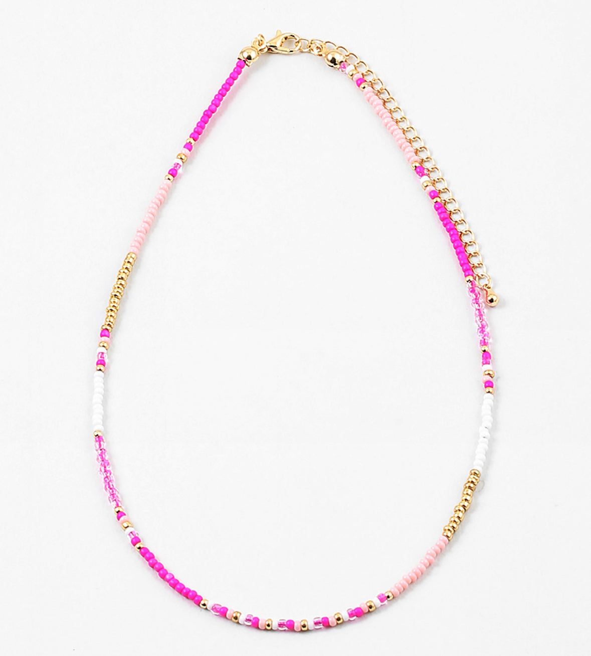Dainty bead necklace in dark pink, light pink, gold and white beads.