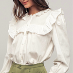 Picture of a model wearing a white long sleeved dress shirt. Shirt has a ruffle collar around the neck and breast and is a button up shirt.