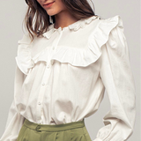 Picture of a model wearing a white long sleeved dress shirt. Shirt has a ruffle collar around the neck and breast and is a button up shirt.