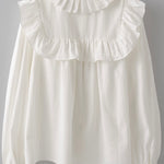 Picture of the back of a white long sleeved dress shirt. Shirt has a ruffle around the collar and the breast and cuff sleeves.
