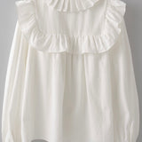 Picture of the back of a white long sleeved dress shirt. Shirt has a ruffle around the collar and the breast and cuff sleeves.