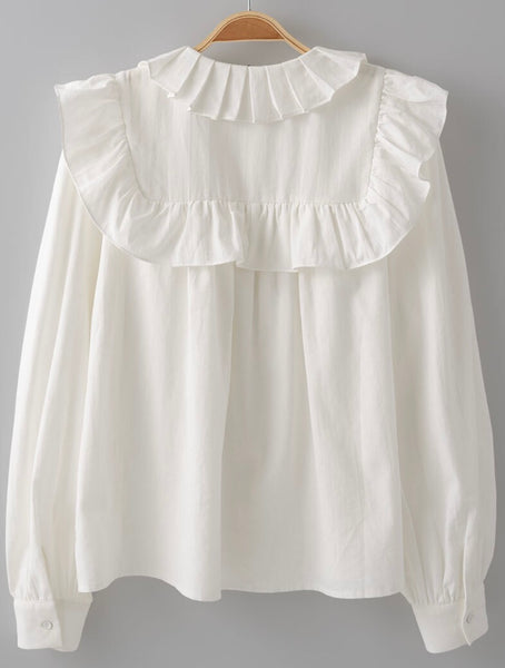 Picture of the back of a white long sleeved dress shirt. Shirt has a ruffle around the collar and the breast and cuff sleeves.