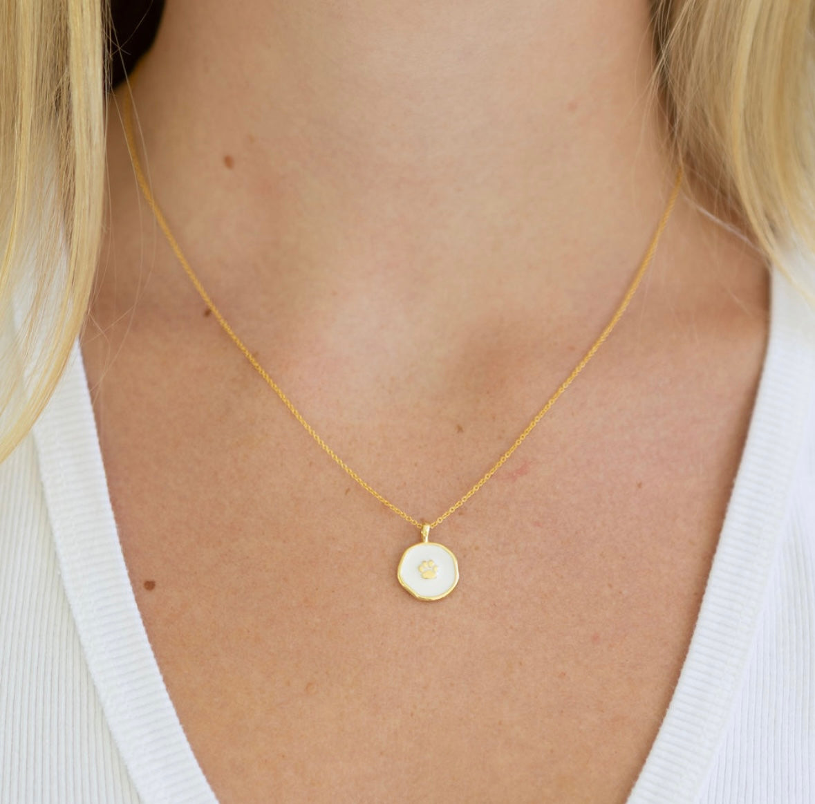 Gold necklace with a round pendant with a gold paw print worn by a person