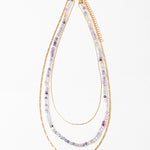 Multistrand beaded necklace with gold chain and clear beads on a white background