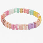 Picture of a light multicolored bead bracelet. Beads are clear and solid yellows, peaches, greens and purple.