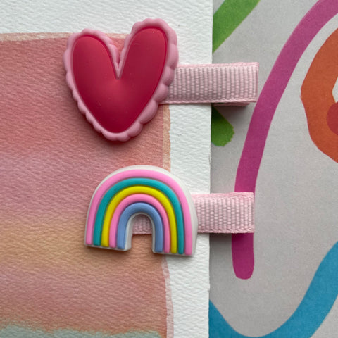 Set of 2 Heart and Rainbow Hairclips