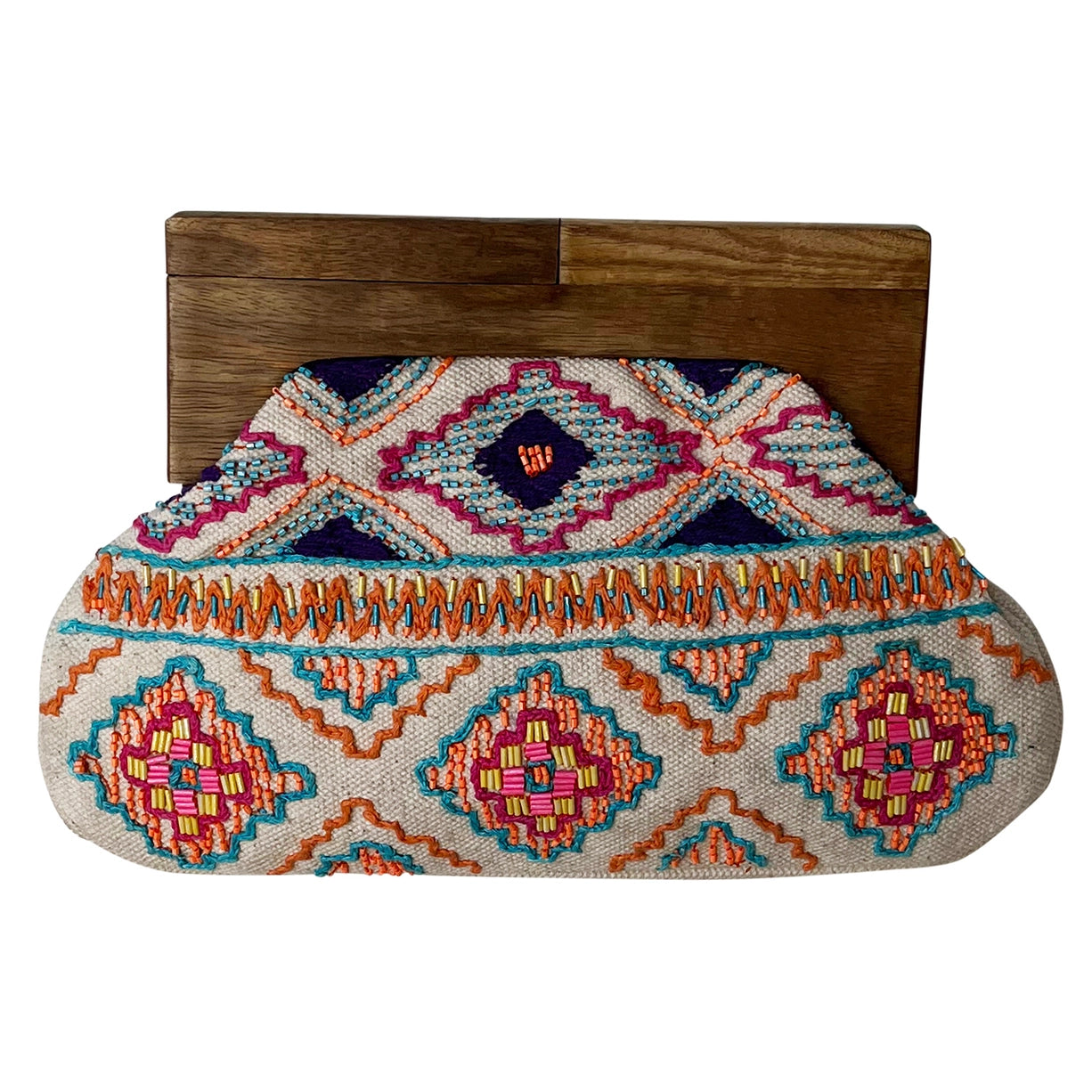 Colorful clutch with wooden handle with geometric pattern in beige and ethnic designs.